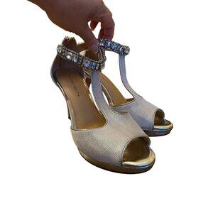 Antonio Melani Silver Glitter Rhinestone T-Strap Heels With Zipper Back Closure